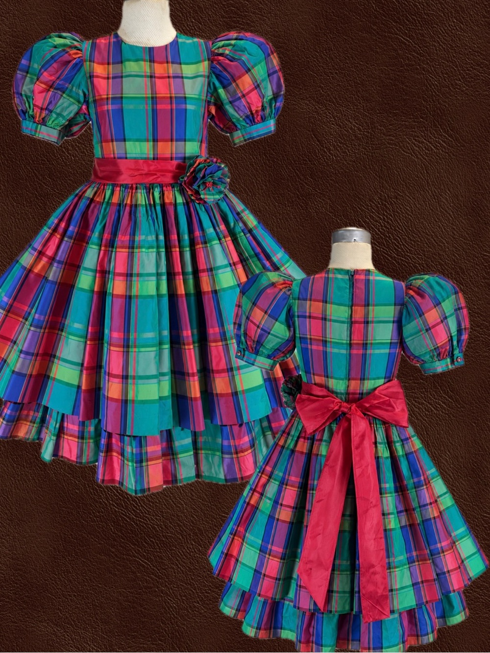VINTAGE 80s plaid taffeta little girls party dress full princess bow puff sleeve